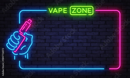 Eye catching neon vector border with vape zone sign and hand holding device. Designed for shop banners, night city visuals, and bold modern promotions.