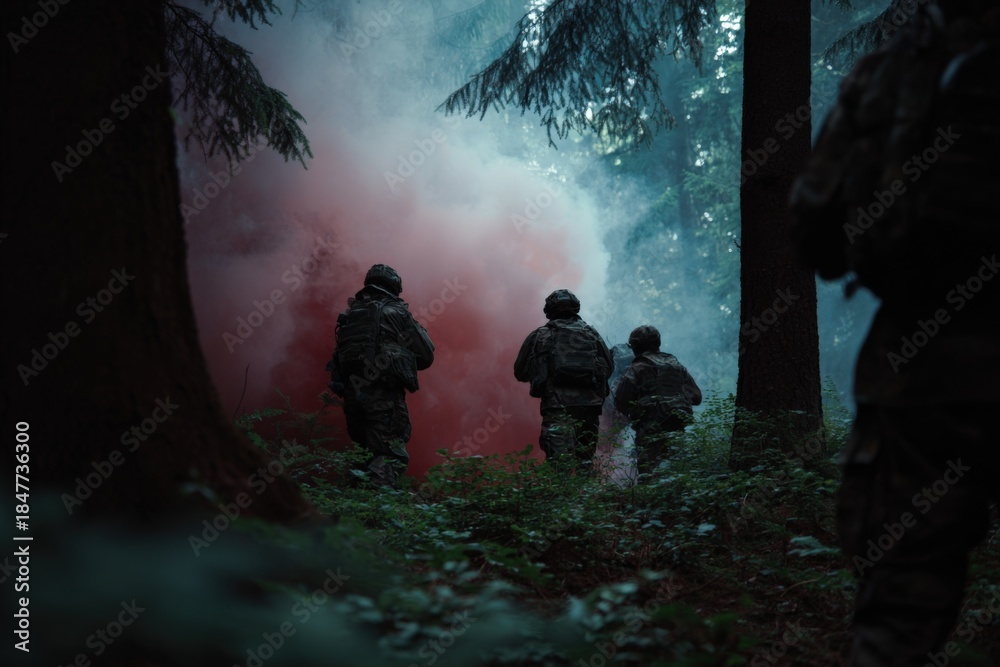 Obraz premium Soldiers in forest maneuver with red smoke in background