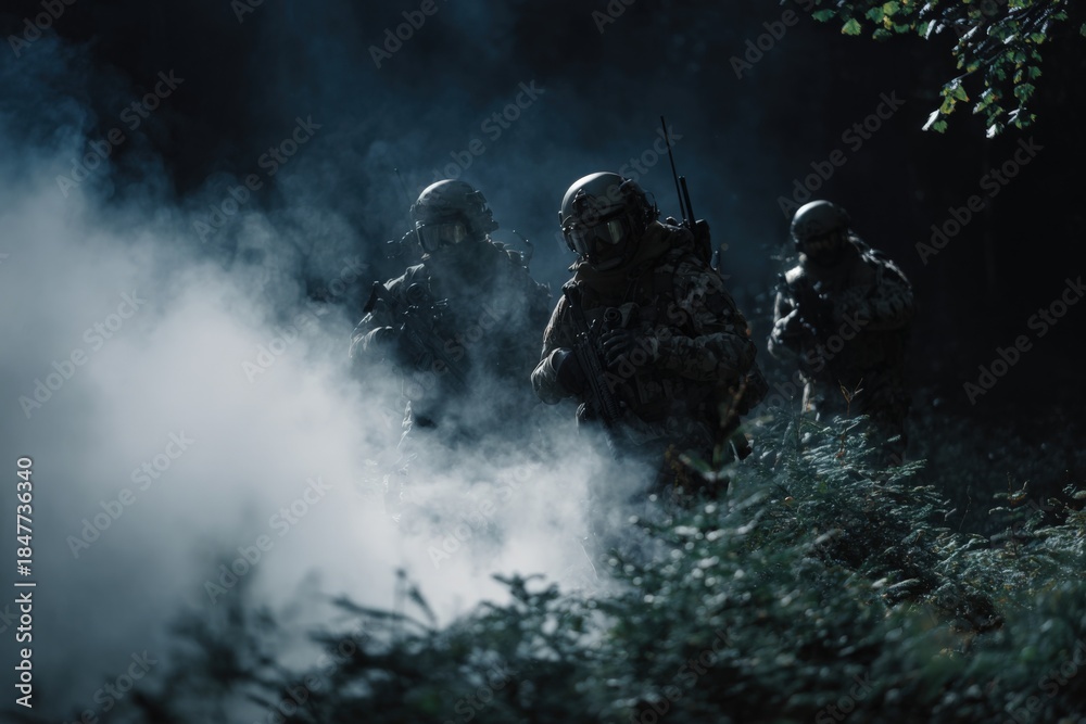 Obraz premium Armed soldiers in tactical gear in misty forest setting