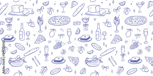 Seamless pattern with whimsical Italian food, hand drawn repeating background with bread, wine bottle, pizza. Modern line art illustrations isolated on white background