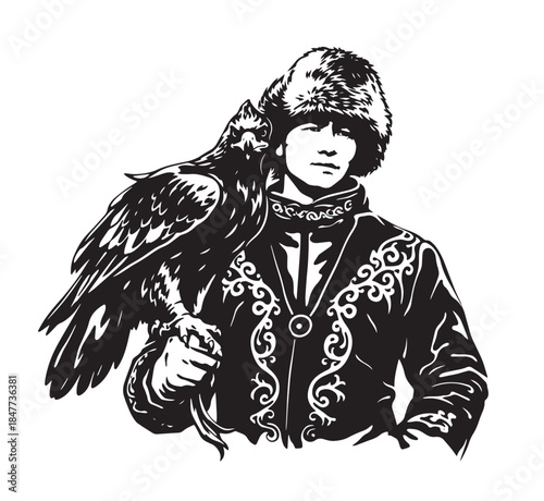 Kazakh Eagle Hunter Berkutchi Black and White Vector Art