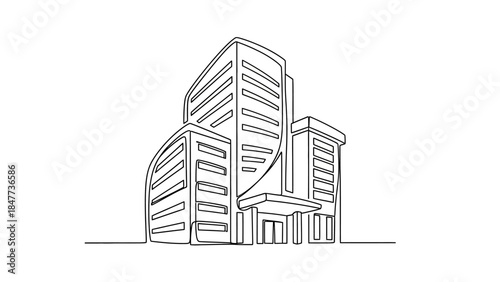 Minimalist line drawing of a modern high-rise building complex with detailed architectural structure