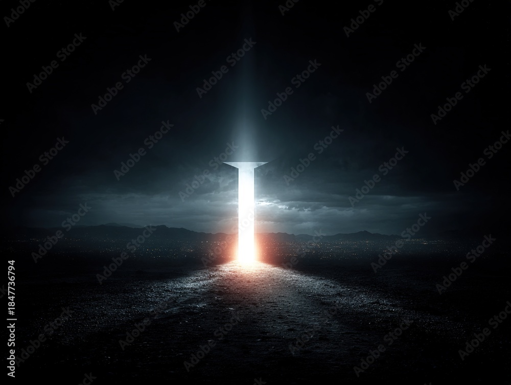 Fototapeta premium Luminous vertical beam emerging from dark landscape under stormy sky, symbolizing revelation, transition, focused energy, and the breakthrough moment beyond uncertainty