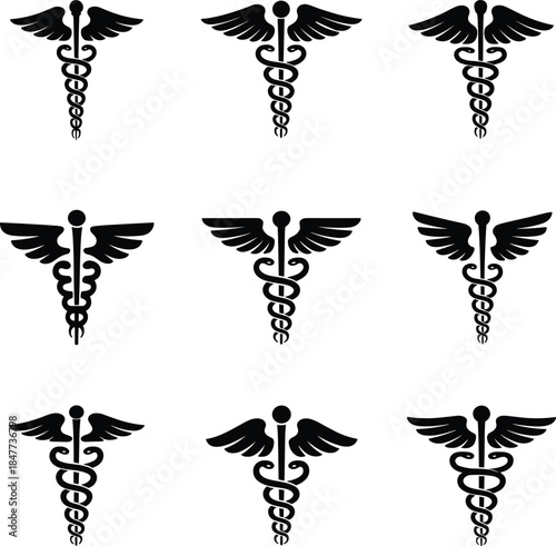 Black Caduceus Medical Symbol Design, Mythological Staff of Hermes or Mercury, Often Misused as a Healthcare, Doctor, or Medicine Logo Icon, Flat Vector Set Silhouette Collection