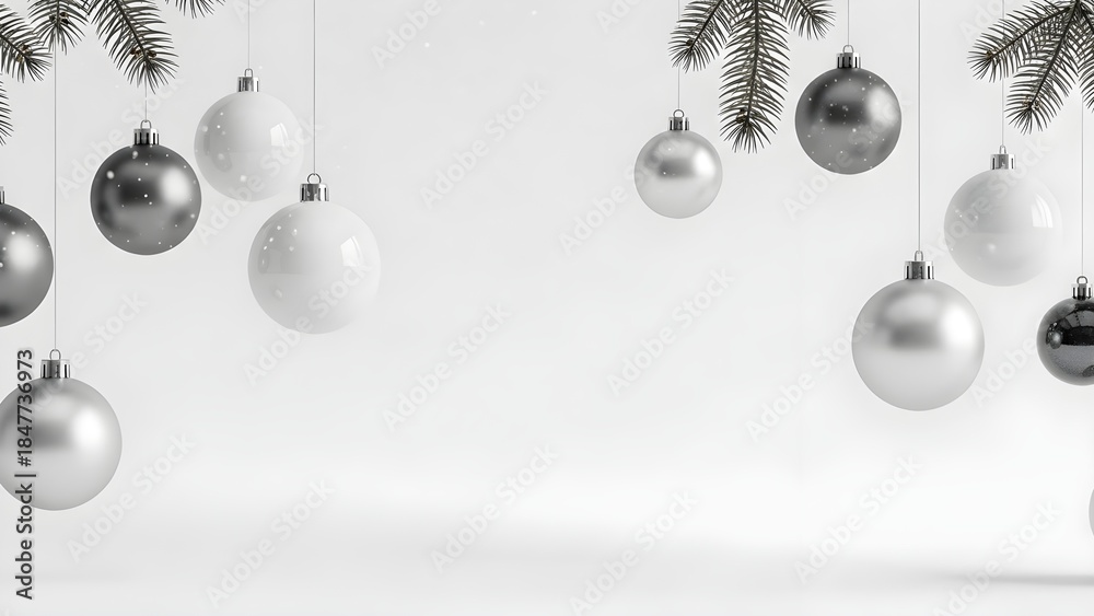 Obraz premium Festive Christmas baubles and pine branches suspended in a minimalist white studio setting with subtle snow particles
