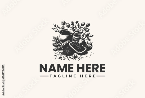 A black and white vector illustration of a floral design with a smartwatch and coffee cup, surrounded by leaves and flowers on a clean white background.