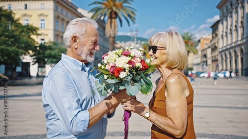 An elderly positive man gives an elderly woman a bouquet of flowers outdoors in summer