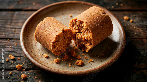 Paçoca de Amendoim, Crumbly Peanut Candy Pieces on Ceramic Plate with Rustic Wooden Background