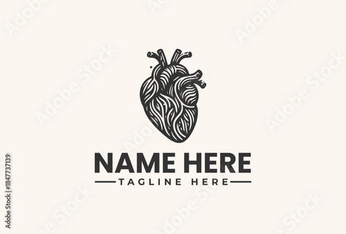 Black and white illustration of a human heart with a placeholder text on a beige background, featuring a vector logo design.