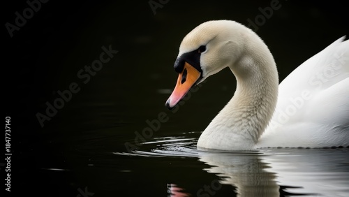 Elegant mute swan gracefully swimming in dark serene water