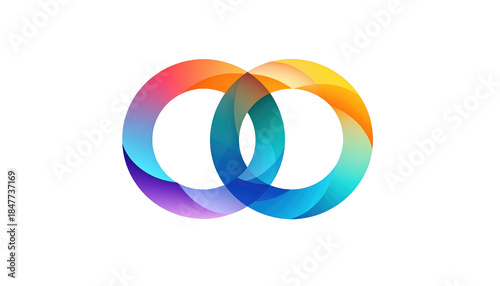 Two interlocking circles, gradiating through a spectrum of colors on a black background, forming a stylized infinity sign