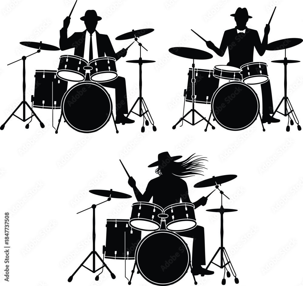 Fototapeta premium Black Drummer Silhouettes Set, Musicians Playing Drums with Sticks and Complete Kit for Concert Poster, Music Festival, and Band Logo Design