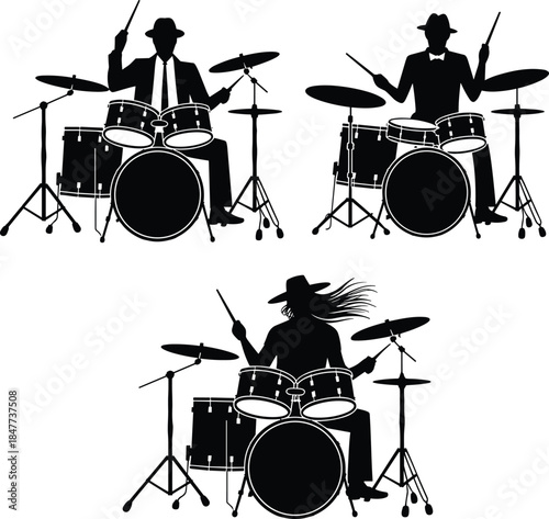 Black Drummer Silhouettes Set, Musicians Playing Drums with Sticks and Complete Kit for Concert Poster, Music Festival, and Band Logo Design