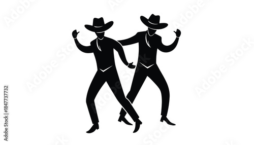 Two silhouetted figures in cowboy hats dance energetically