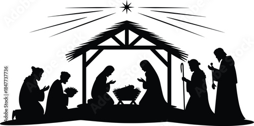 Black Nativity Scene Silhouette with Star of Bethlehem, Vector Graphic Illustration of Mary, Joseph, and the Three Wise Men Adoring Baby Jesus in the Manger