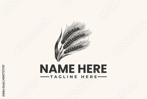 A black and white illustration of wheat stalks with a logo template featuring a name and tagline on a plain background.