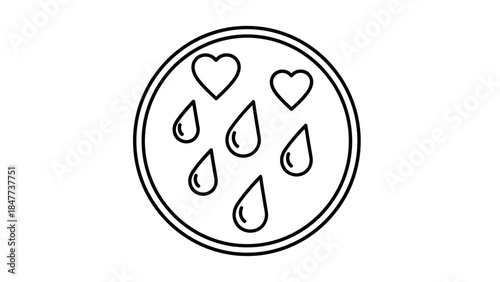 Minimalist Line Drawing of Expressive Heart and Raindrop Symbols Inside a Circular Frame for