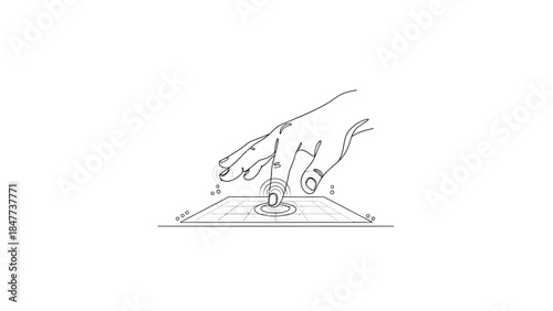 Minimalist Line Drawing of Hand Manipulating Touchscreen Device Emphasizing Precision and Dexterity