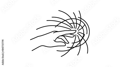 Minimalist Line Drawing of Hand Touching Spiral Pattern with Abstract Elements