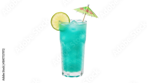 Obraz na plátne Refreshing blue lagoon cocktail with lime and umbrella isolated PNG, tropical su