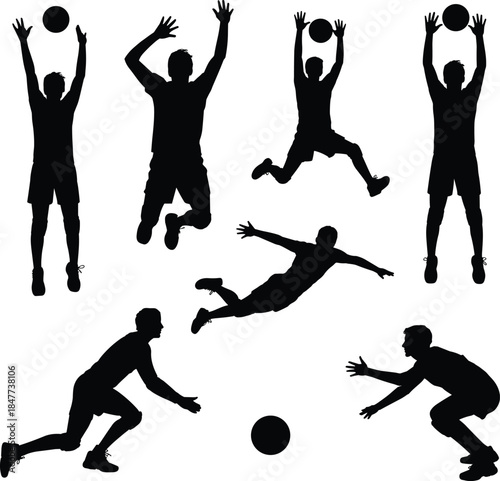 Black Sports Player Silhouettes Set, Dynamic Poses of Jumping, Shooting, Diving, and Passing for Basketball, Volleyball, and General Team Sport Design