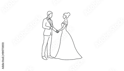 A couple in wedding attire holds hands in a simple line drawing.