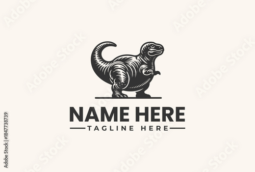 A black and white illustration of a dinosaur logo with a placeholder name and tagline on a plain beige background.