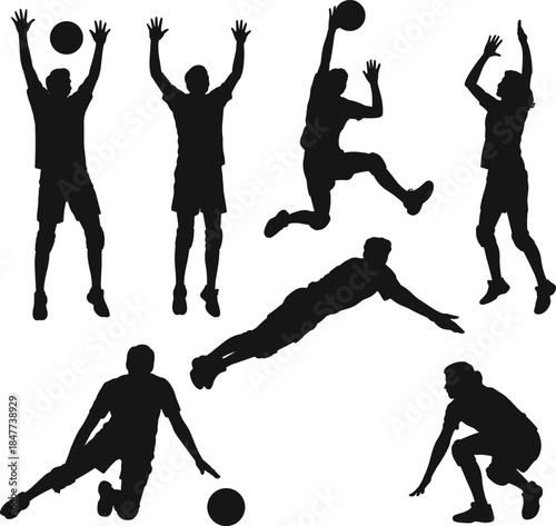 Black Volleyball Player Silhouettes Set, Dynamic Action Poses of Jumping, Spiking, Diving, and Receiving Ball for Tournament Banners and Team Design
