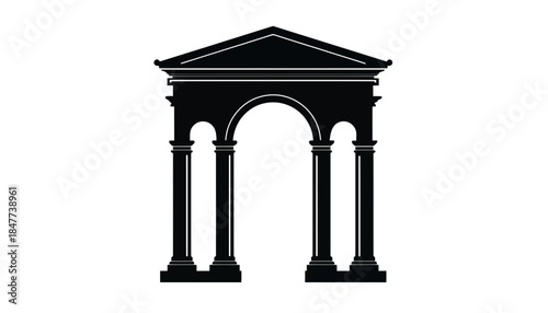 A black silhouette of a classical archway with columns and a pediment.