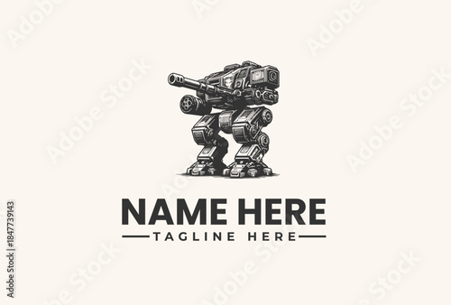 A grayscale vector illustration of a robotic character holding a gun, with a placeholder text for a name and tagline on a beige background, showcasing a futuristic design.