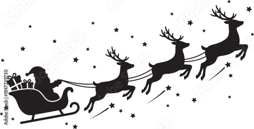 Black silhouette of Santa Claus in a sleigh full of gifts pulled by three flying reindeer, isolated on white background with stars.