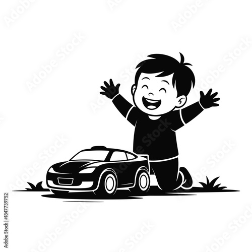 Joyful boy celebrates with arms raised next to a sporty car