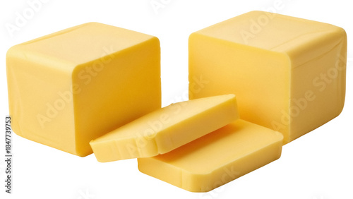 Delicious yellow cheese cubes PNG isolated on transparent background, dairy product for cooking and food design projects