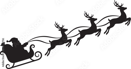 Black silhouette of Santa Claus in a sleigh pulled by three flying reindeer, isolated on white background, Christmas Eve holiday vector illustration.