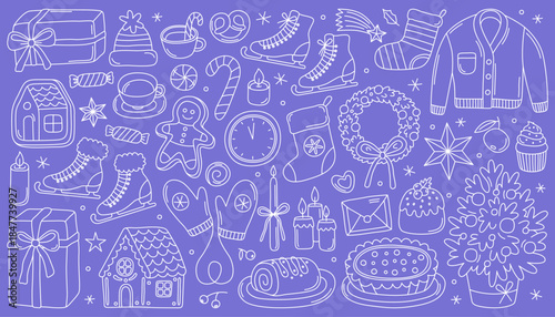 Сollection of Christmas and New Year icons, white doodle outline illustrations on blue background. Tree, mittens, gift, gingerbreads, skates, wreath, festive Christmas elements. Coloring page.