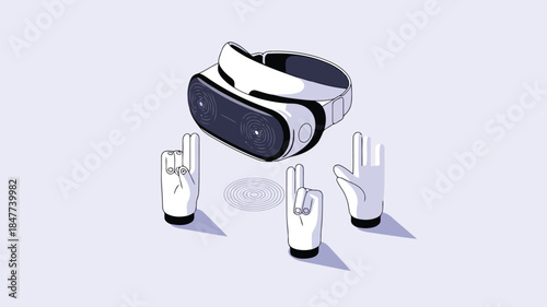 Virtual reality headset with hand gestures and digital interface elements on a light background