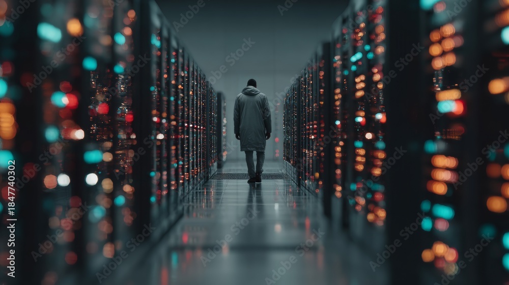 Fototapeta premium Lone figure walks through vast futuristic data center glowing with colorful server lights