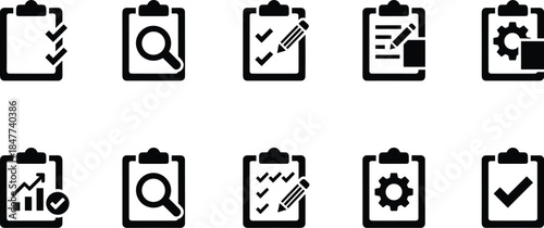 Business clipboard icons set, productivity symbols, task management, workflow tools, analytics, planning, review, checklist, gear, pencil, chart