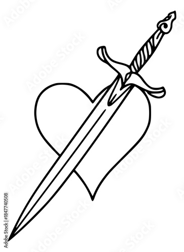 Heart pierced by sword tattoo style line art illustration