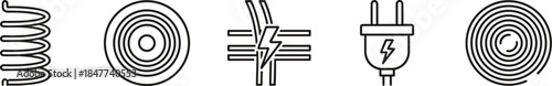 Electric cable icons, wire coil symbols, power plug illustration, energy transmission graphics, electrical components, blue outline, engineering design elements