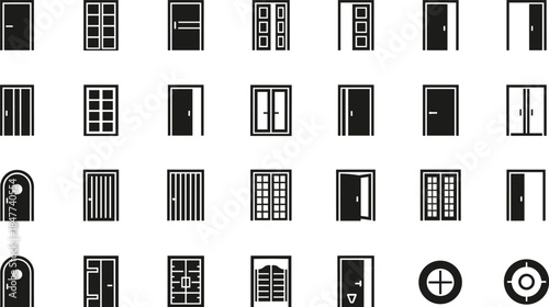 Door icons, modern doorway symbols, architectural elements, UI design assets, vector doors, home entry styles, interior, exterior, minimal, flat