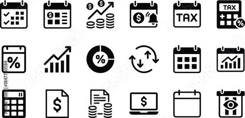 Finance icons, calendar symbols, tax planning, budgeting tools, accounting visuals, economic charts, money management, financial analytics, business schedule, investment tracking