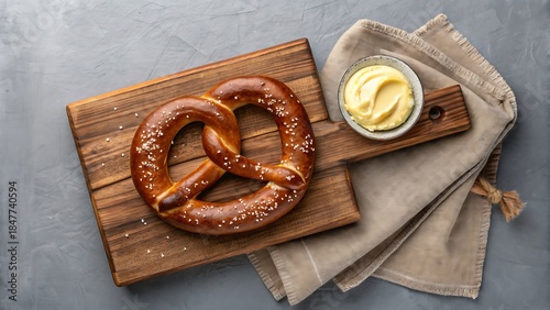 Fresh baked pretzel served with butter dip on wooden board
