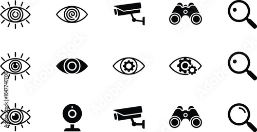 Surveillance, monitoring, observation, vision, eye icons, security, technology, analysis, webcam, magnifying glass, binoculars, camera, data, watch, detect, inspect, spy, digital, interface