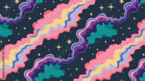 Colorful abstract cosmic clouds with vibrant pink, blue, and purple hues on a dark starry background