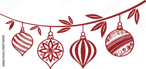 Red Christmas decorations including stars, hearts, and ball ornaments, vector illustration, no background, glossy festive holiday elements.