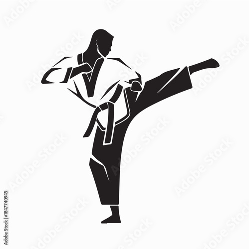 Male Taekwondo Player Kick Silhouette Vector on White Background