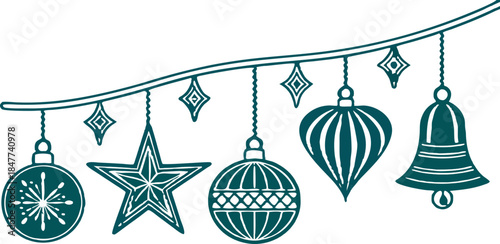 Vector set of blue Christmas ornaments including star, bell, heart, and finial shapes, no background, clean detailed festive design.
