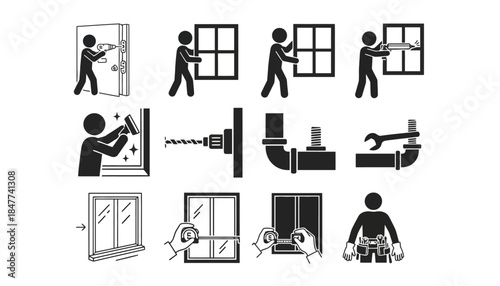Illustrations depict various home repair and construction tasks being performed by stick figures.
