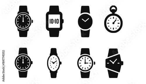 A collection of eight different watch icons are displayed on a white background.